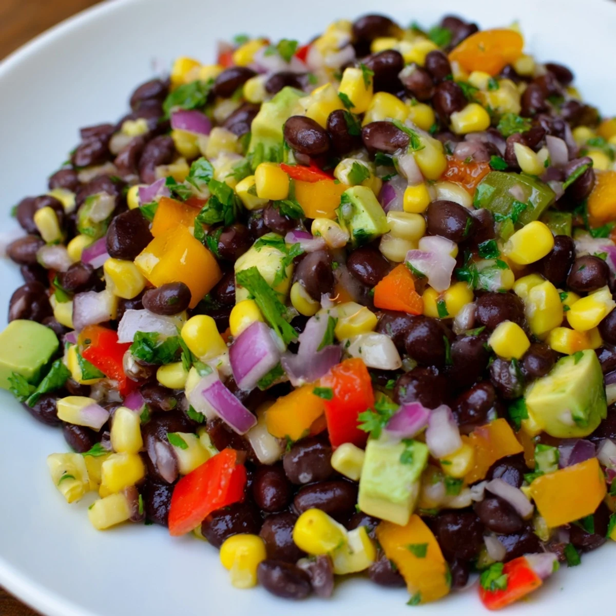 A colorful Southwest Black Bean Salad, bursting with fresh vegetables and a zesty lime dressing.