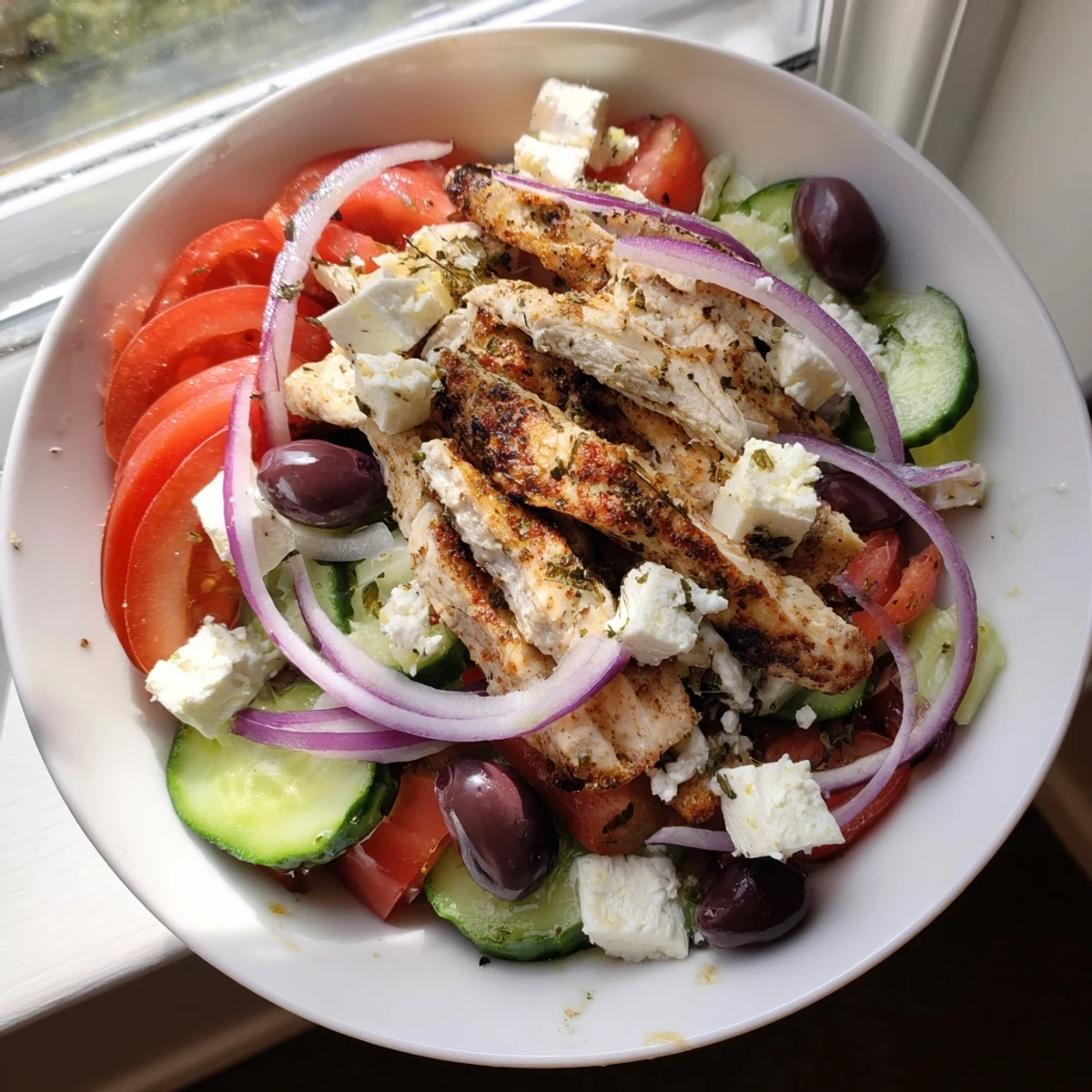 Greek salad with grilled chicken: colorful tomatoes, cucumbers, tangy feta, and tender chicken, drizzled with olive oil dressing.