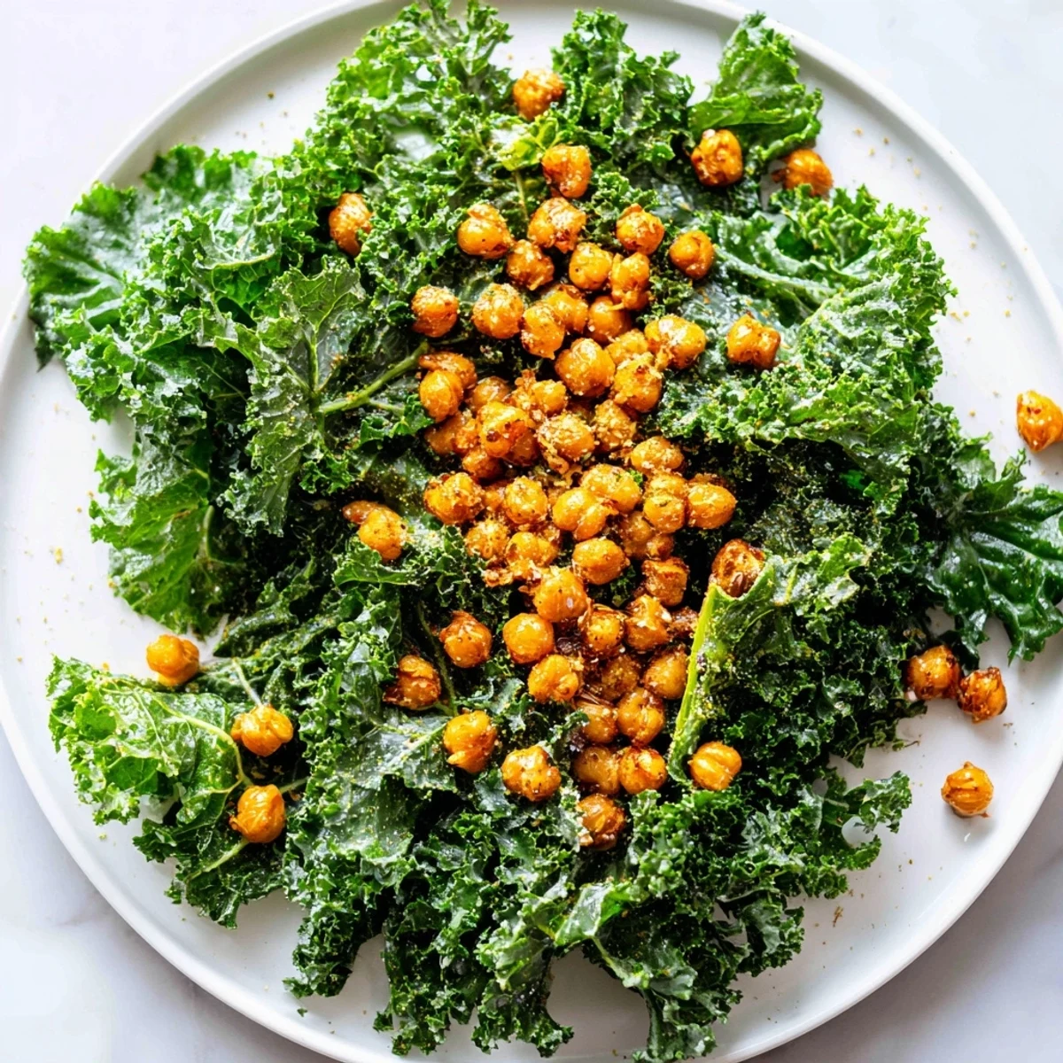 Vibrant image of Warm Kale Salad with crispy chickpeas, featuring golden chickpeas on greens.