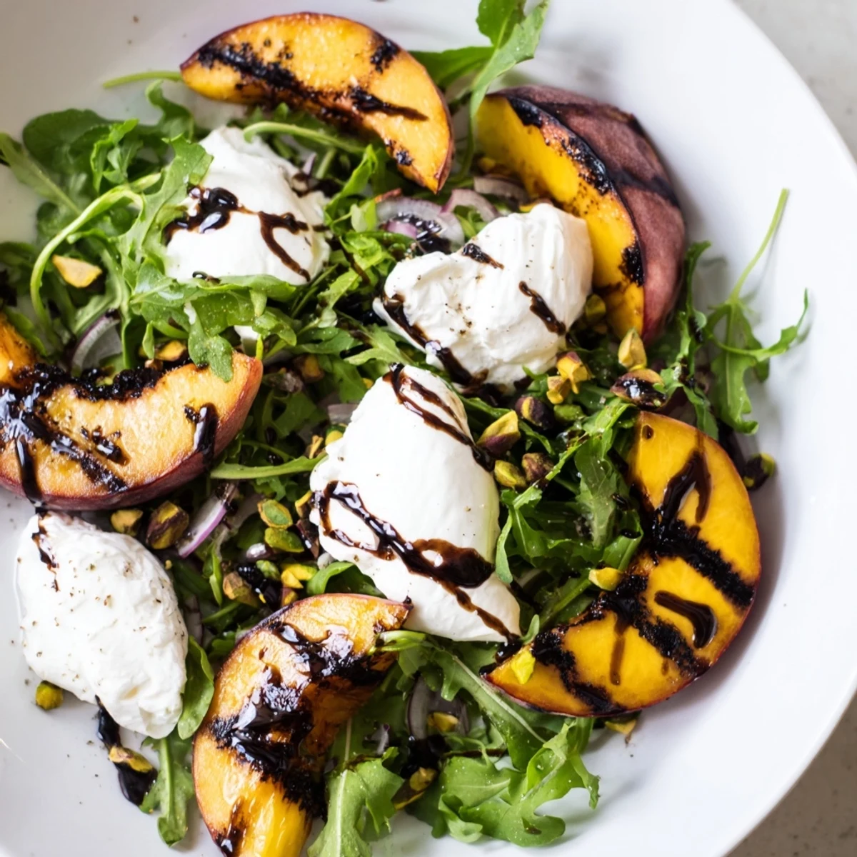 Grilled Peach Salad with charred peaches, creamy burrata, and a balsamic glaze, ready to enjoy.