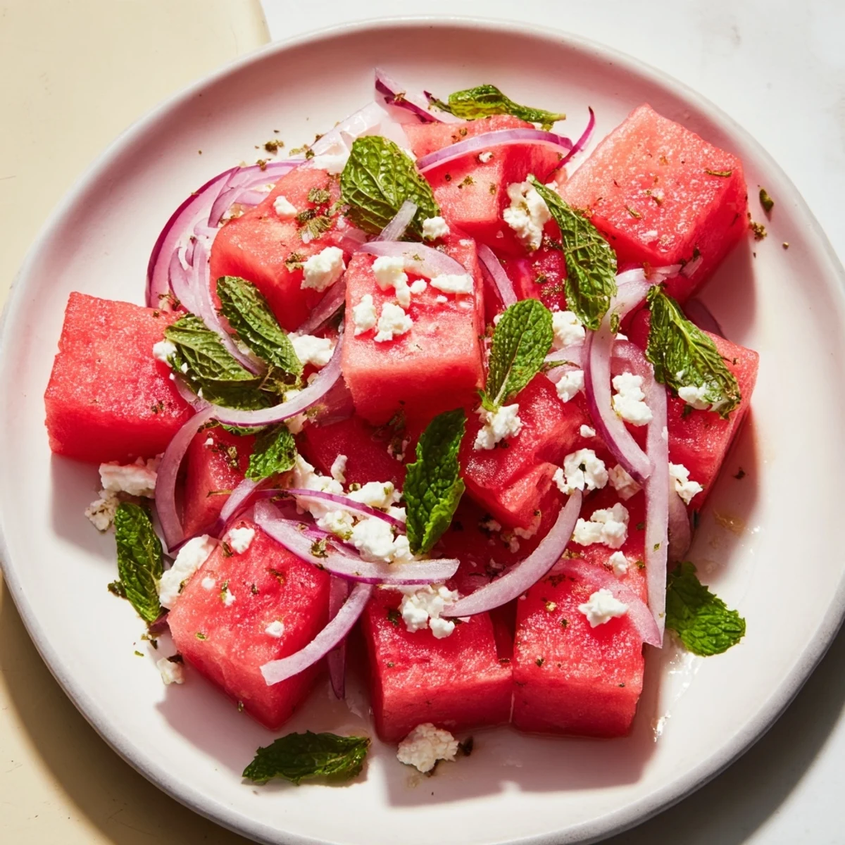 Bright, refreshing watermelon feta salad: juicy watermelon, tangy feta, and a light, flavorful dressing.