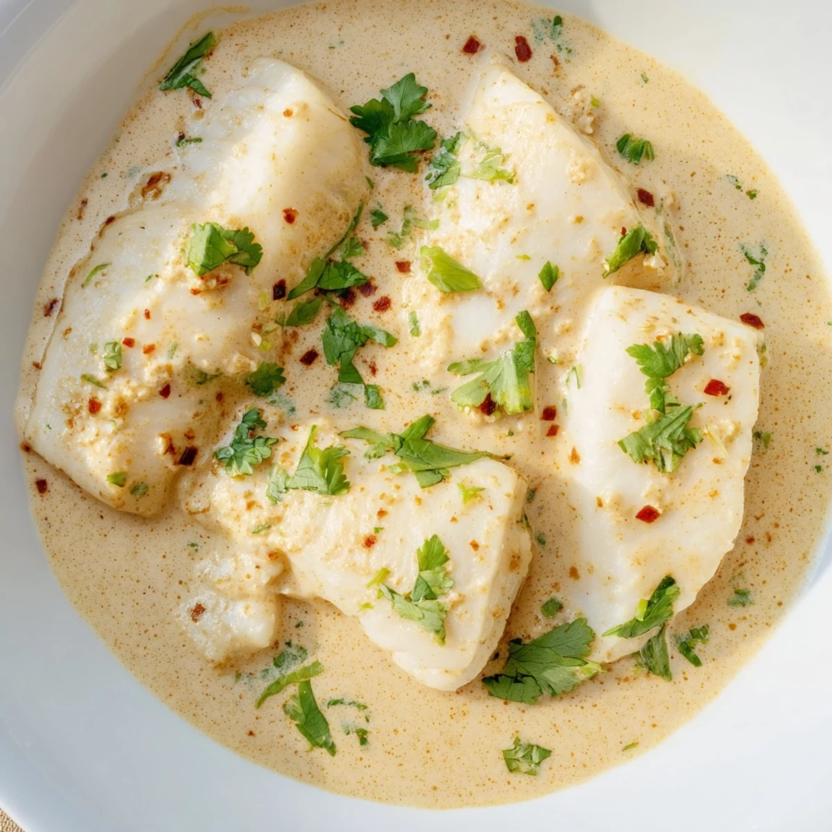 A steaming bowl of Bahraini Fish Curry, showcasing tender fish simmered in a rich, spiced coconut sauce.