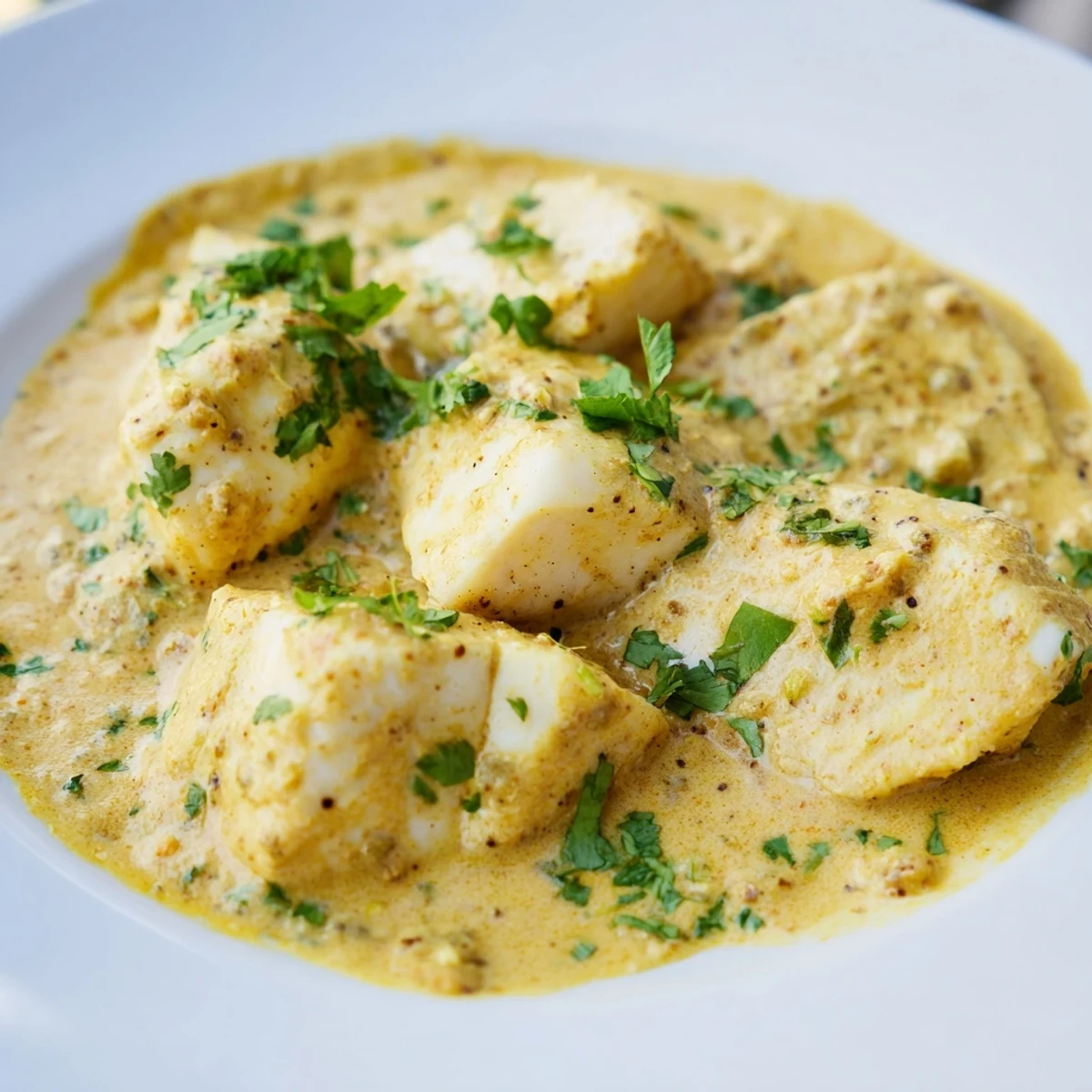 Bahraini Fish Curry, featuring flaky white fish in a creamy, golden coconut curry with vibrant cilantro.