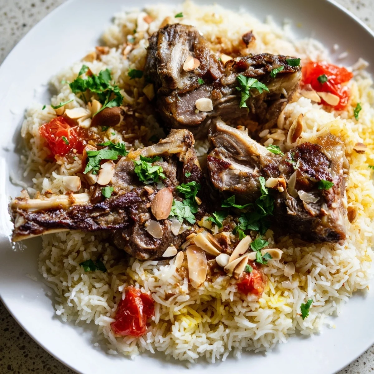 Steaming Qatari Majboos featuring fluffy rice, tender lamb, and a medley of aromatic spices.