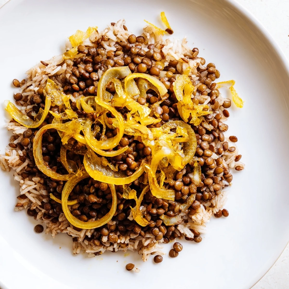 Close-up of a steaming portion of Lebanese Mjadra, showcasing perfectly cooked lentils and rice.