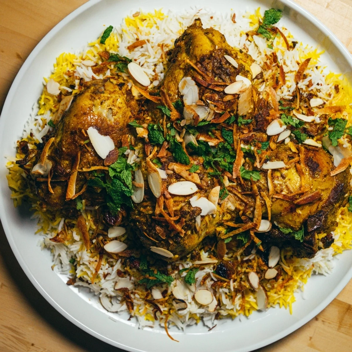 Golden-hued Kuwaiti Biryani Rice, a layered rice dish, with tender meat and aromatic spices.
