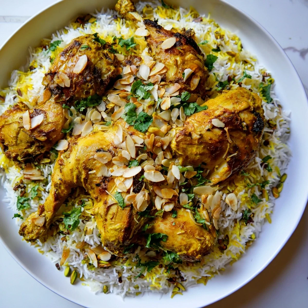 A steaming pot of Kuwaiti Biryani Rice, showcasing fluffy rice and beautifully spiced meat with garnishes.