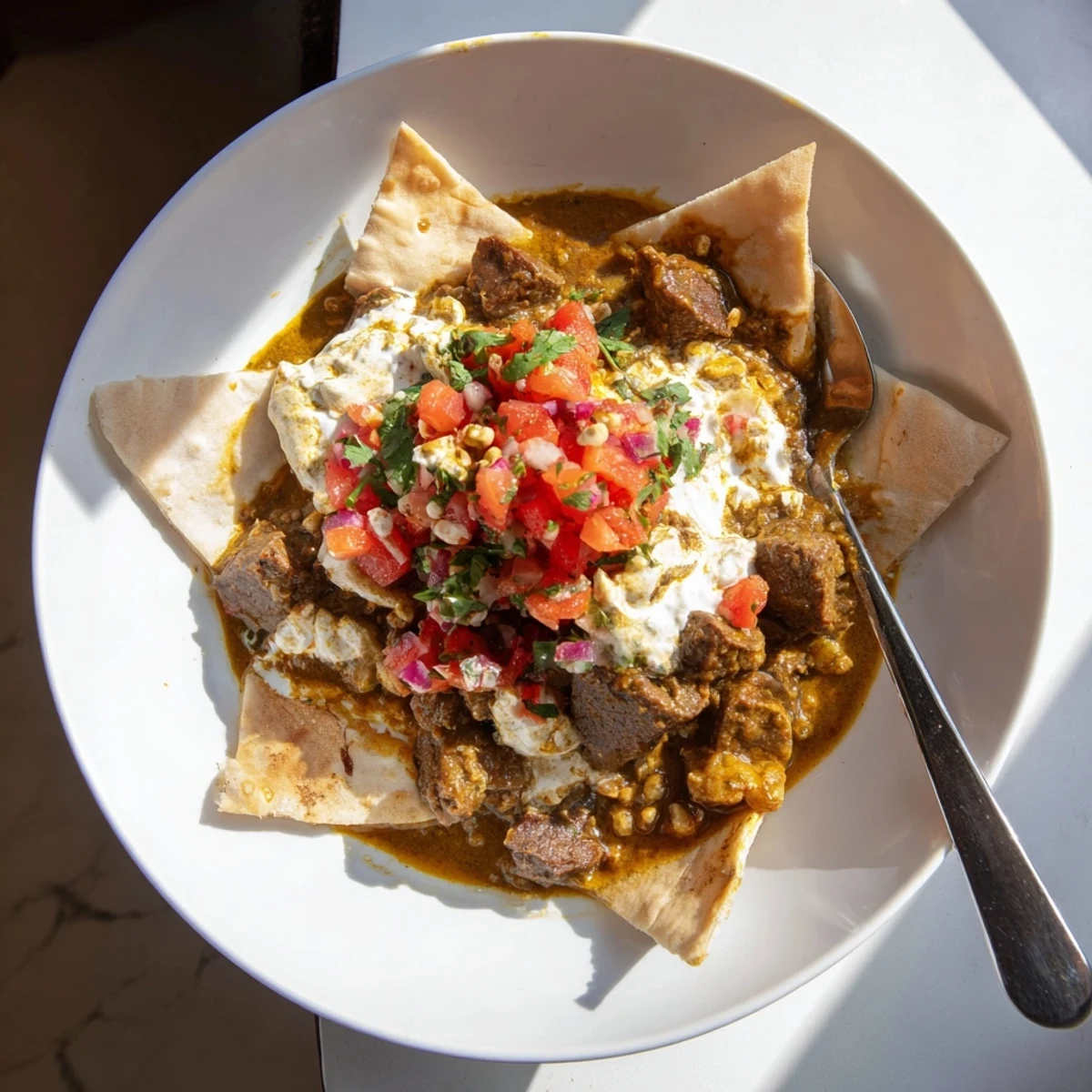 A steaming bowl of Yemeni Saltah, rich with meat and vegetables, topped with fluffy fenugreek.