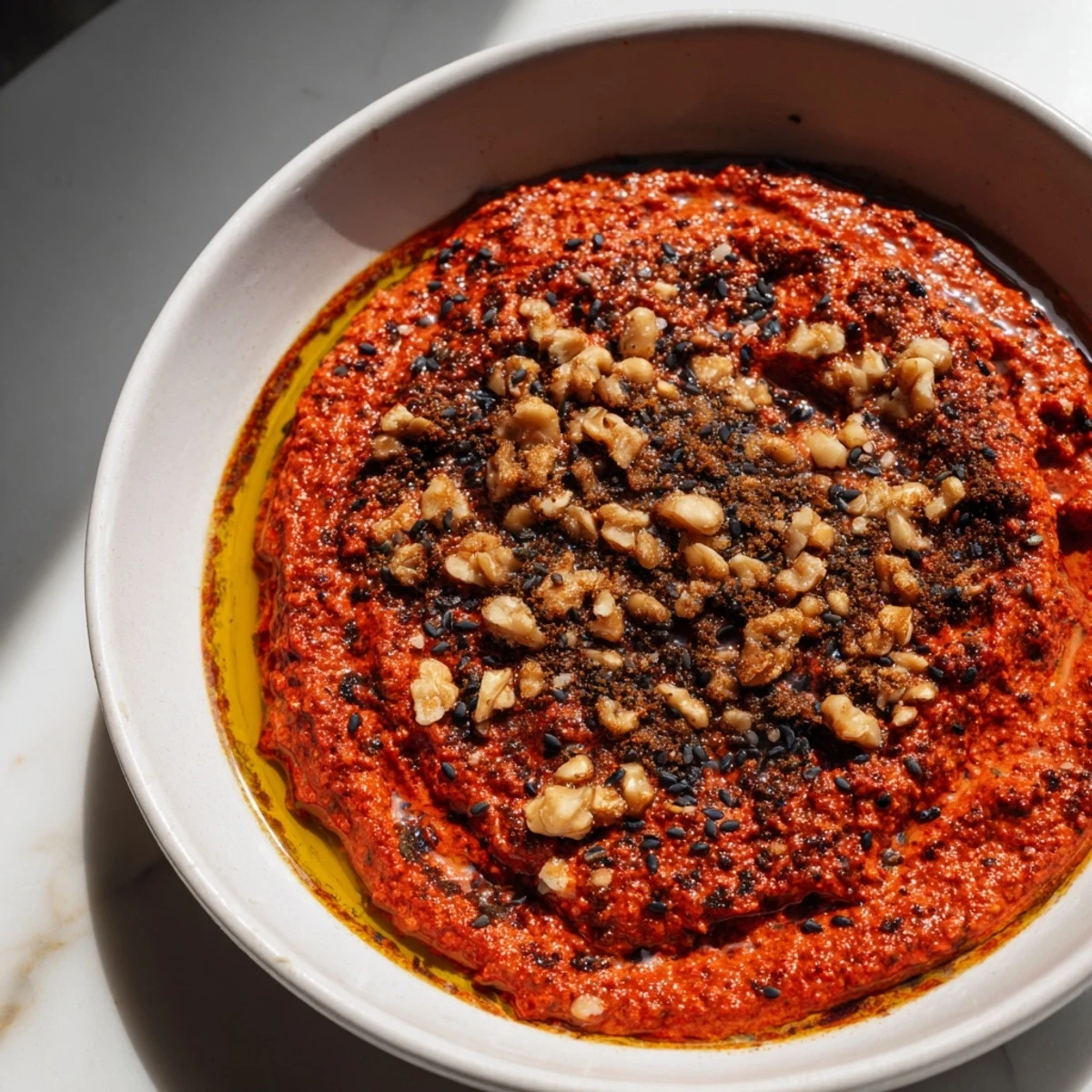 Smoky roasted red peppers and walnuts combine in Syrian Muhammara, a vibrant Middle Eastern dip.
