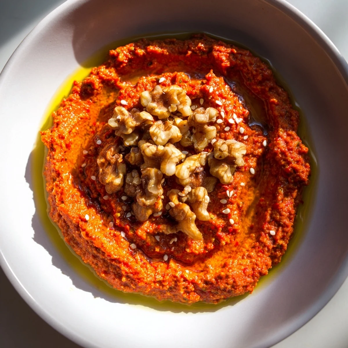 Appetizing photo of Muhammara, a delicious vegan red pepper and walnut dip, drizzled with olive oil.