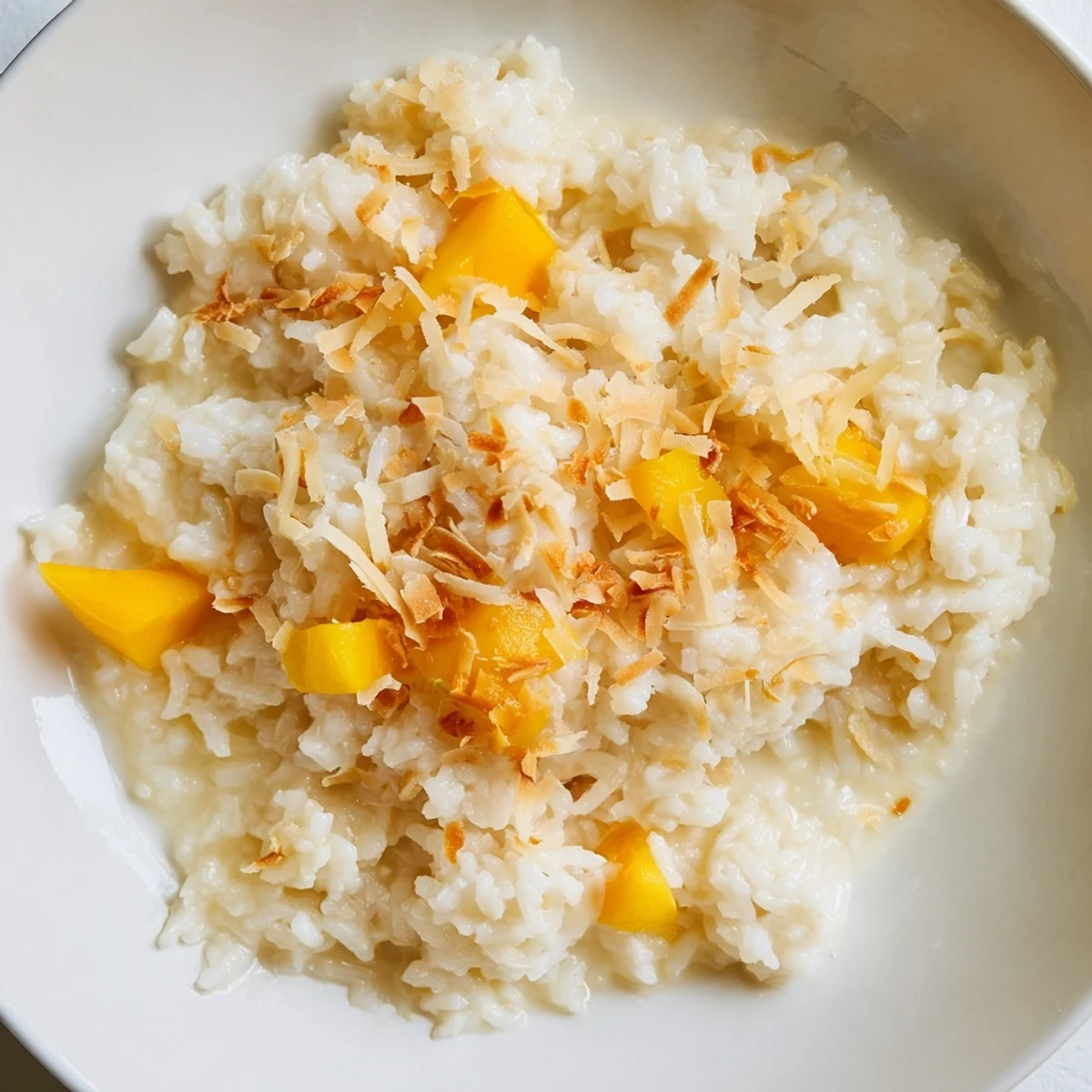 Warm Coconut Rice Sweet dessert served in a white bowl, topped with toasted coconut flakes and fresh mango chunks.