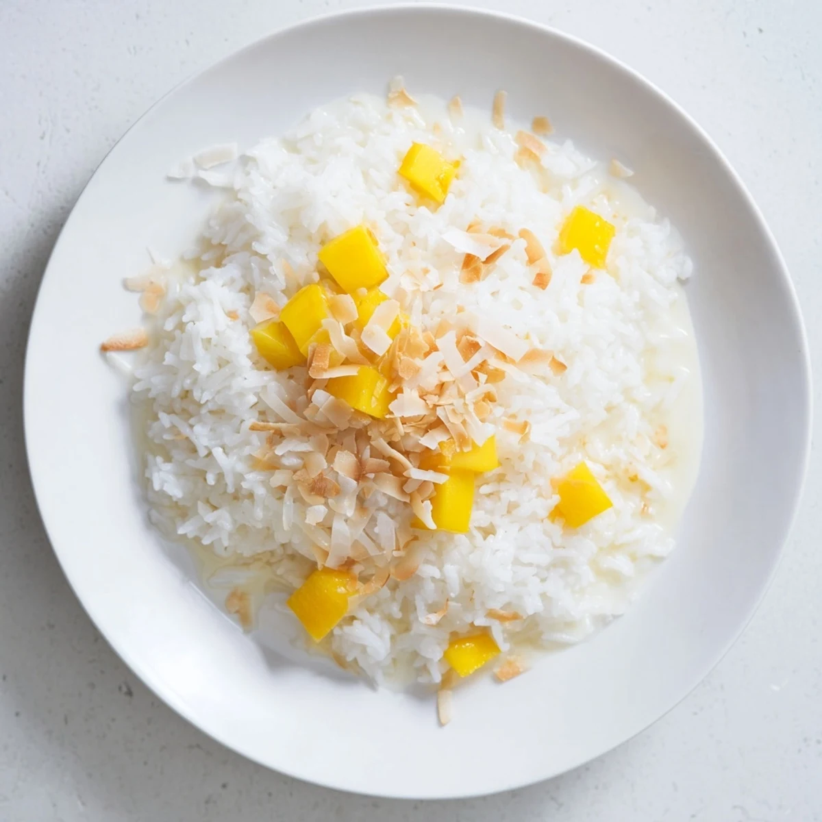Coconut Rice Sweet simmered in creamy coconut milk, garnished with toasted coconut and tropical fruit for a dessert.