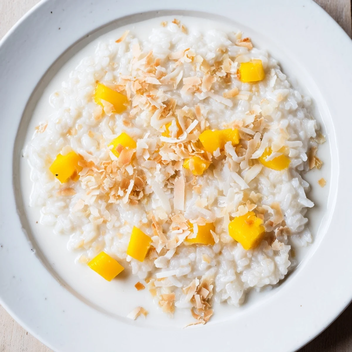 A serving of fluffy Coconut Rice Sweet with golden coconut flakes and diced mango, perfect for dessert.