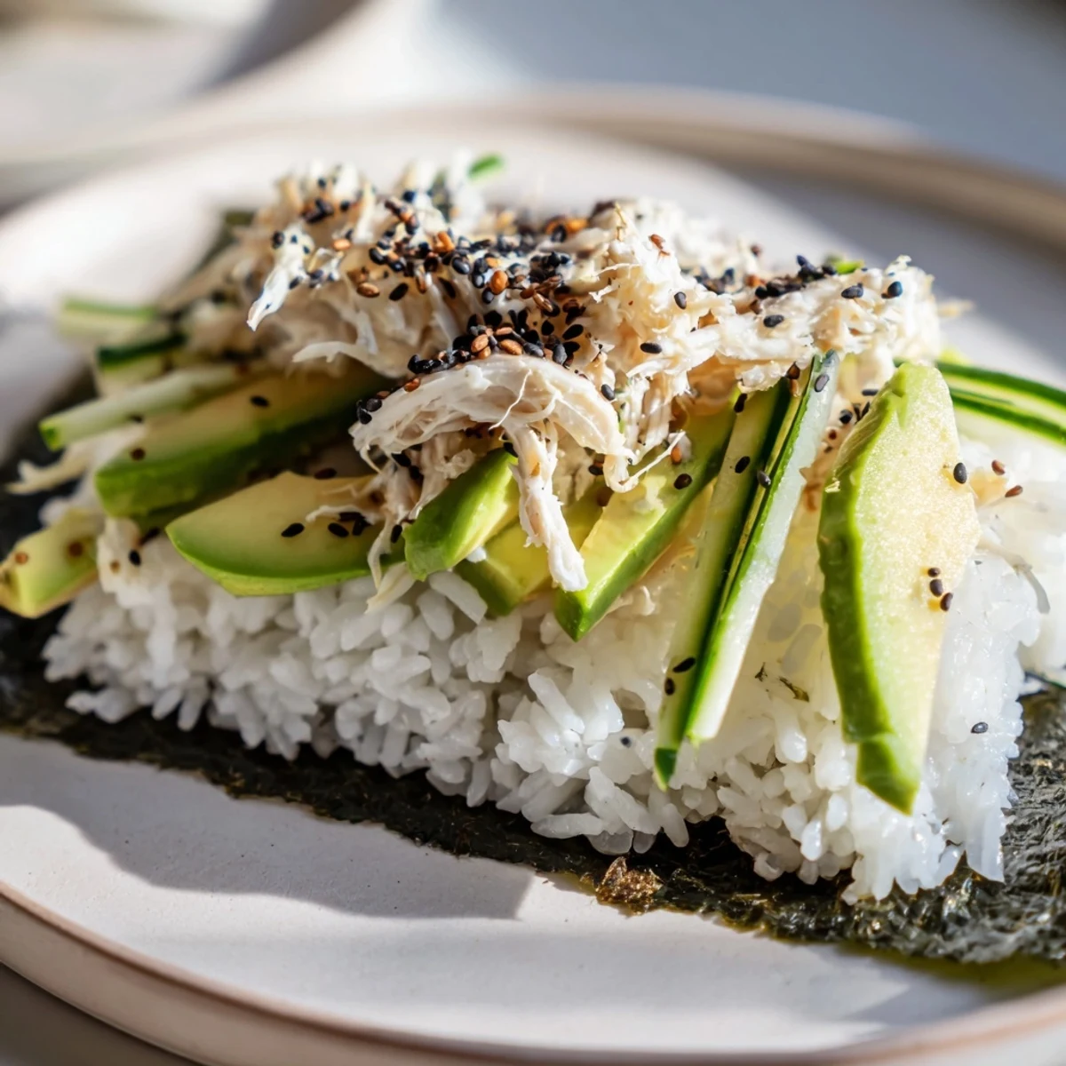 Freshly rolled Sushi Rice Hand Rolls with sweet crab, fluffy rice, and toasted sesame seeds, served with soy sauce.