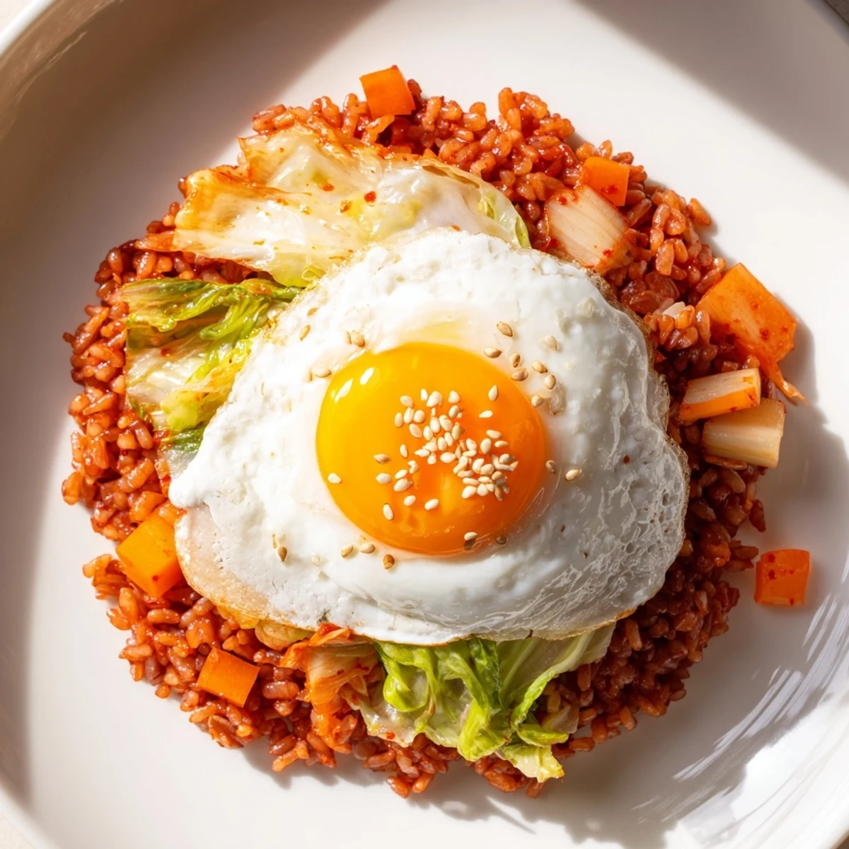 A close-up of sizzling Kimchi Fried Rice in a black skillet, featuring vibrant orange kimchi, diced carrots, and fresh green onions.  