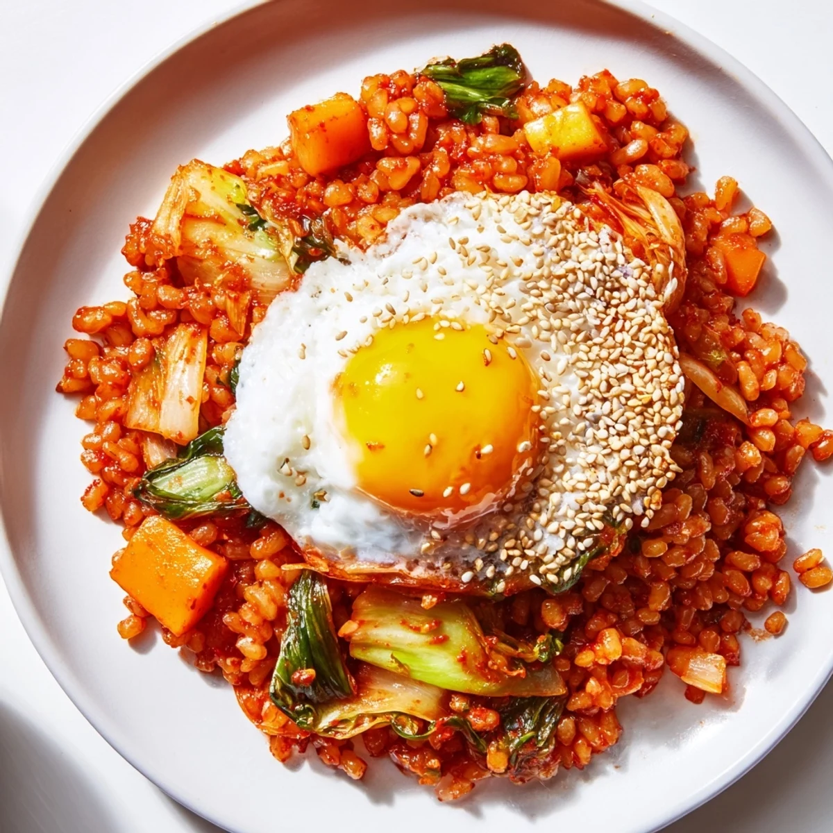 The ingredients for Kimchi Fried Rice including chopped kimchi, gochujang, and day-old rice arranged neatly on a wooden counter.