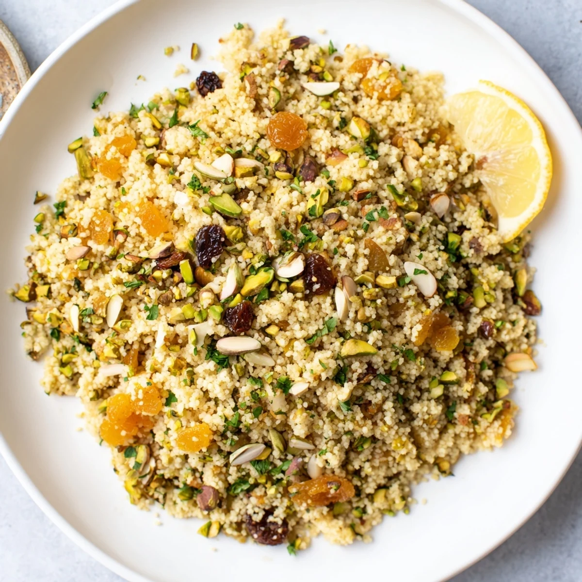 A close-up of fragrant couscous pilaf dotted with apricots, raisins, and colorful toasted nuts on a rustic plate.  