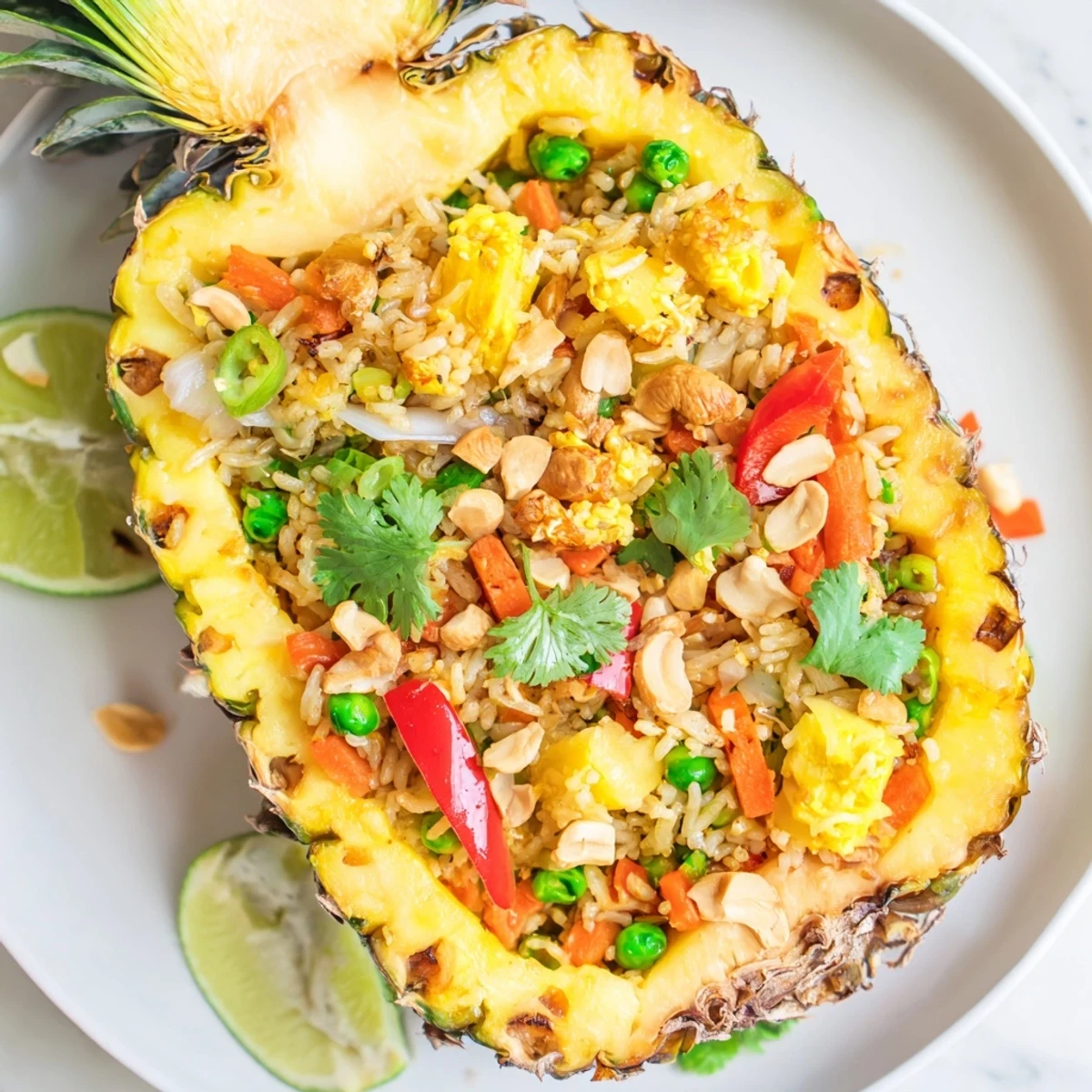Vibrant Pineapple Fried Rice served inside a hollowed pineapple shell, garnished with cilantro and lime wedges for a tropical Thai-inspired presentation.