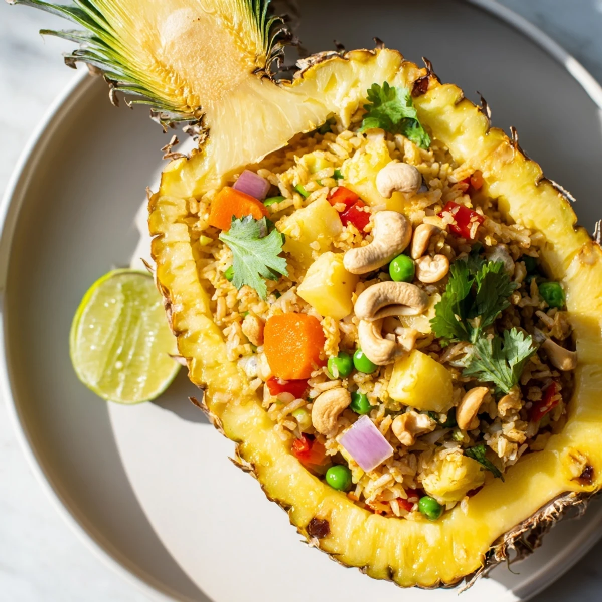 Golden Pineapple Fried Rice studded with sweet pineapple chunks, colorful veggies, and crunchy cashews, steaming warmly on a tropical-themed plate.