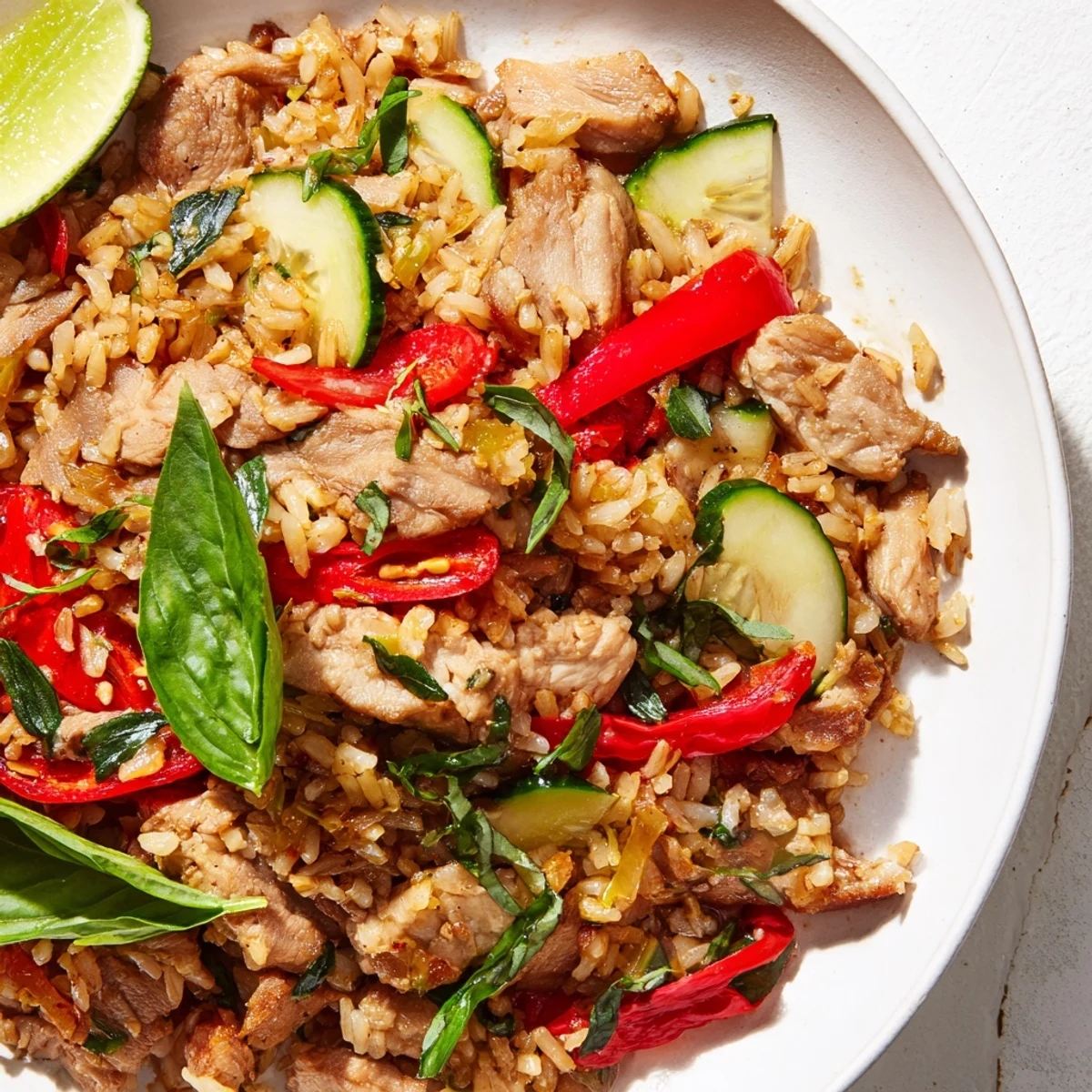 Golden Thai Basil Chicken Fried Rice sizzling in a wok, dotted with chilies and fresh holy basil leaves, served with lime wedges.