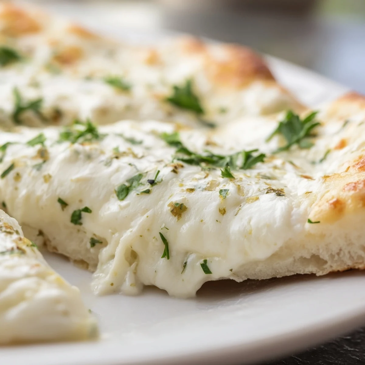 Freshly baked Creamy Garlic White Pizza with golden, bubbly mozzarella and a crisp, brushed crust.