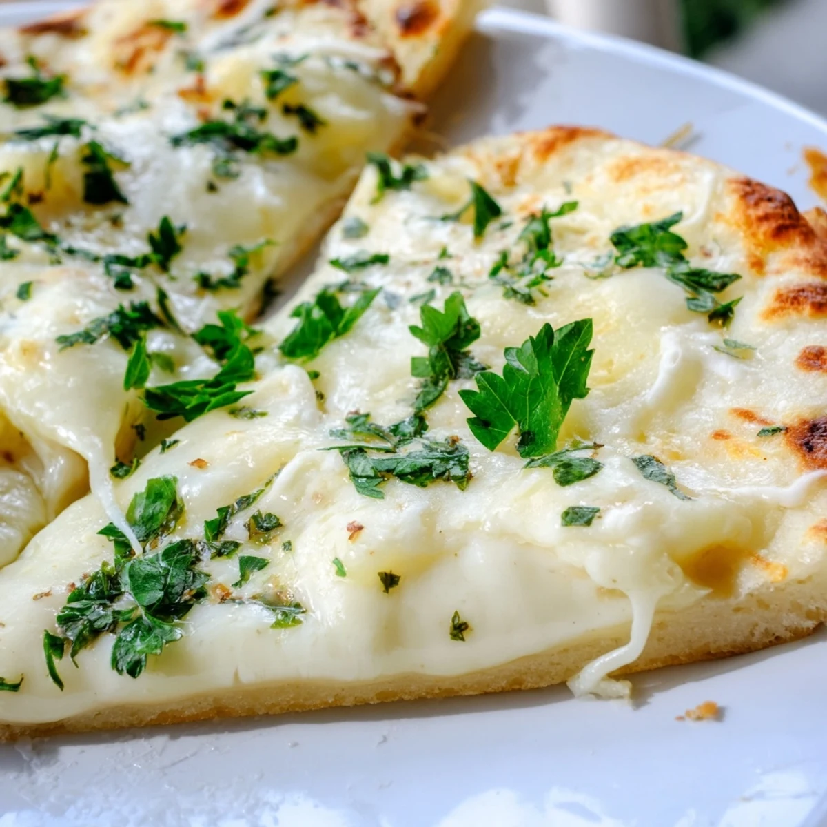 Slices of Creamy Garlic White Pizza showcasing velvety garlic cream sauce and fresh parsley garnish.