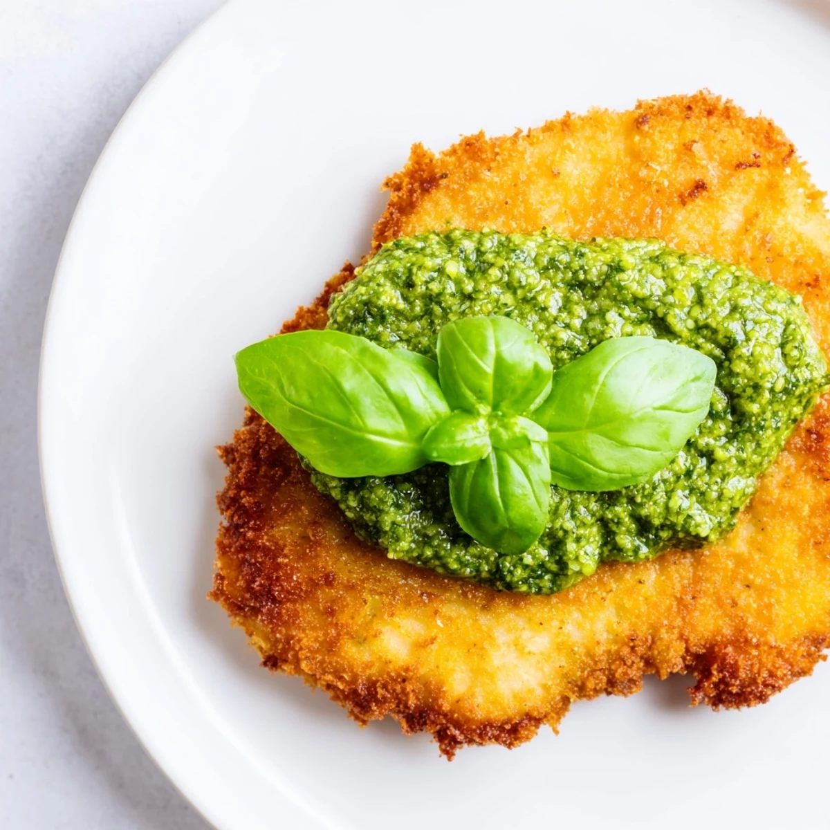 Golden, crispy pesto chicken cutlets topped with vibrant green sauce, served with lemon wedges and fresh basil leaves.  
