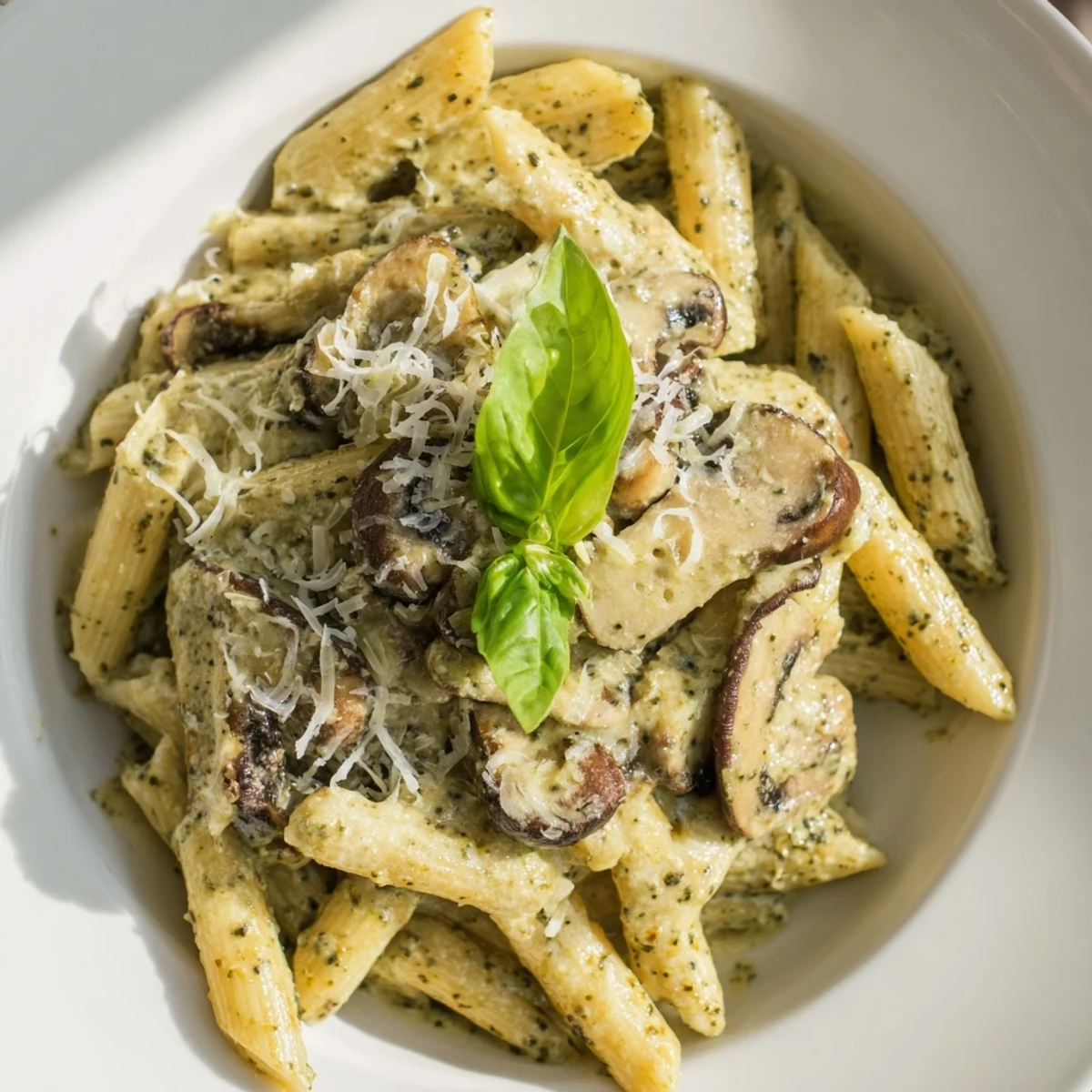 Savory Mushroom Pesto Pasta with creamy sauce and golden sautéed mushrooms garnished with fresh basil.