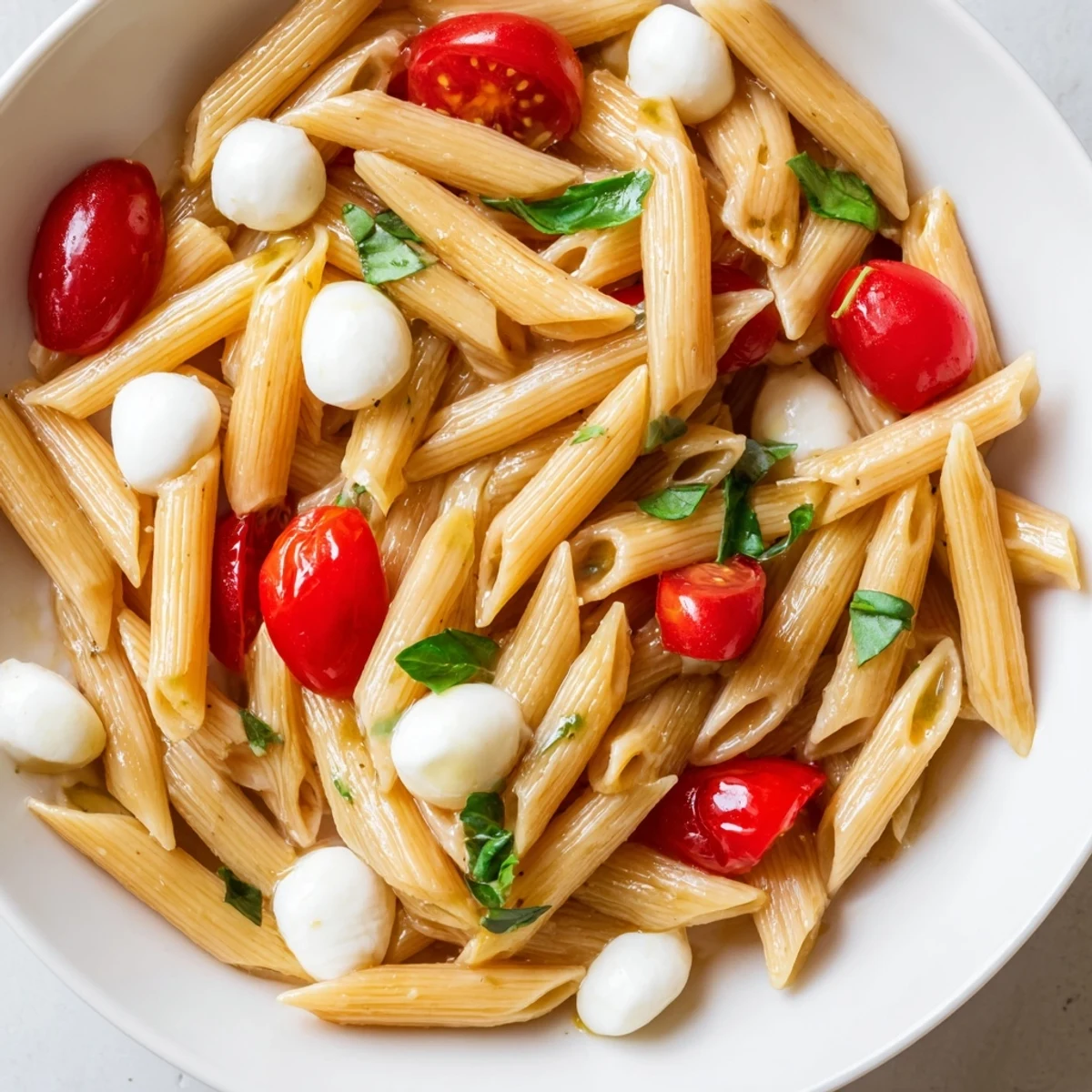 Perfect for warm evenings, this Caprese Salad Pasta features a colorful toss of pasta, tomatoes, mozzarella, and fresh basil, served in a white bowl.