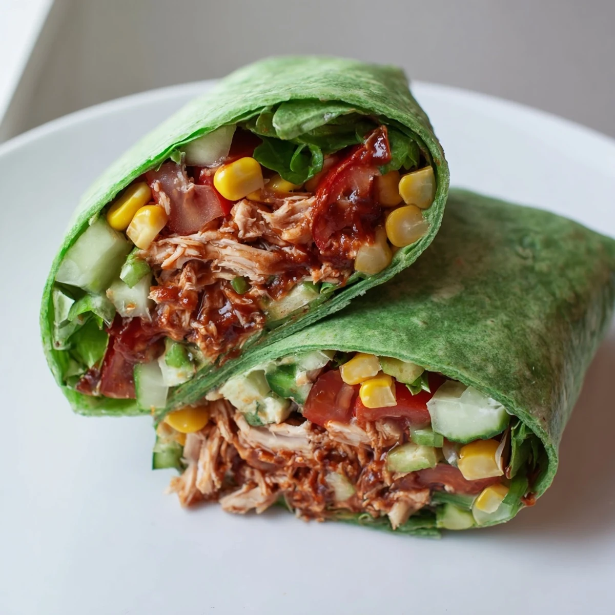 Four vibrant BBQ Chicken Salad Wraps, sliced in half to reveal smoky shredded chicken, crisp romaine lettuce, red onion, and bright cherry tomatoes nestled inside a fresh spinach tortilla.  
