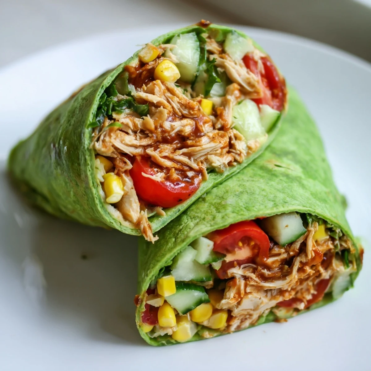 Freshly rolled spinach tortilla wraps filled with BBQ chicken salad, chopped vegetables, and a tangy lime dressing, arranged on a white plate for a light dinner.