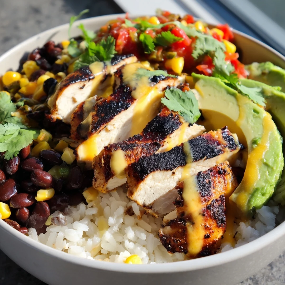 A close-up of a spicy chicken burrito bowl with grilled chicken, black beans, sweet corn, and fresh salsa.