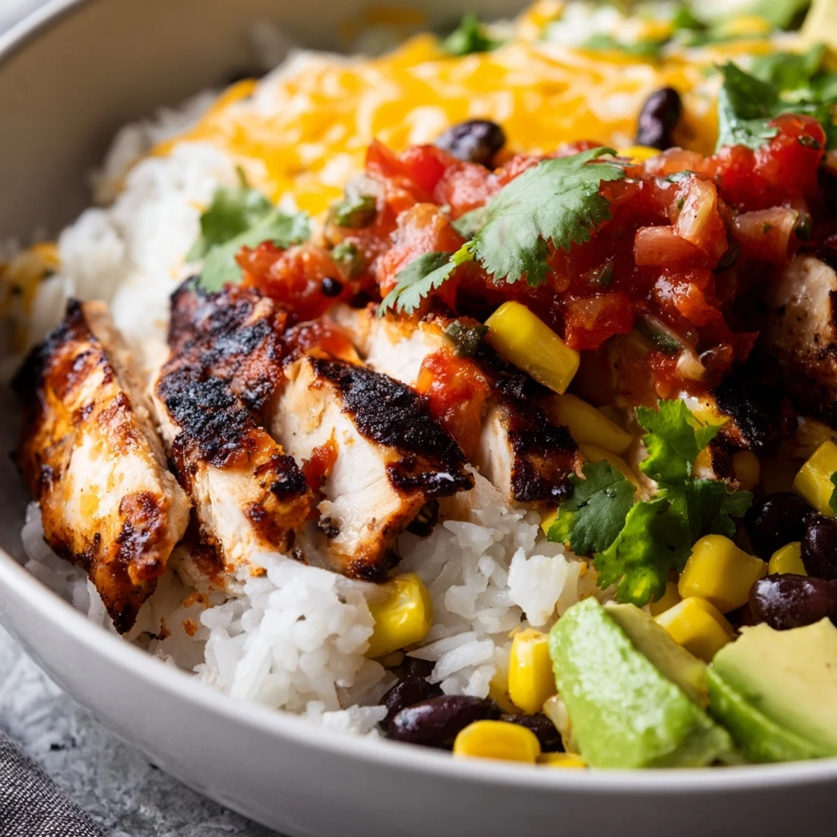 Spicy chicken burrito bowl garnished with cilantro, avocado slices, and lime wedges on a rustic table.