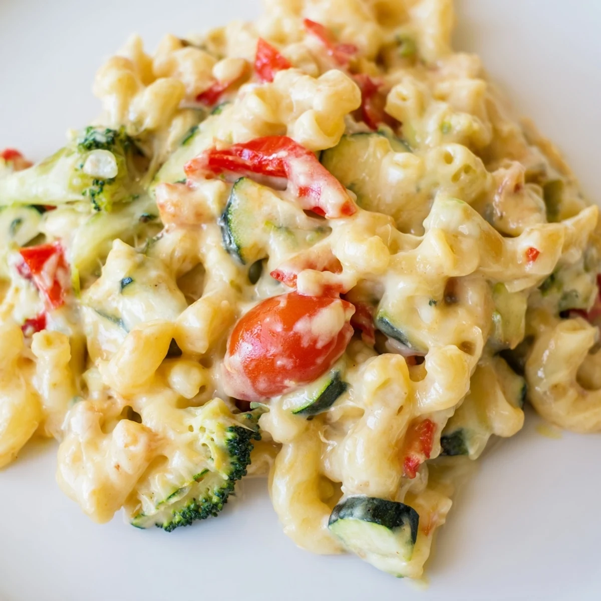Creamy, golden Roasted Veggie Mac & Cheese features tender macaroni and sweet roasted bell peppers, zucchini, and broccoli.  