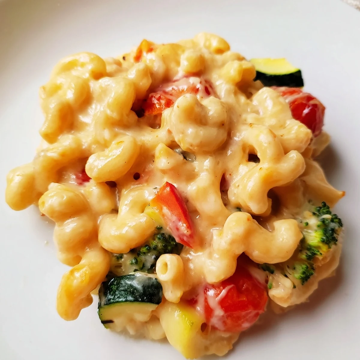 A hearty bowl of Roasted Veggie Mac & Cheese with caramelized vegetables, melted cheddar, and a side of crisp green salad.  