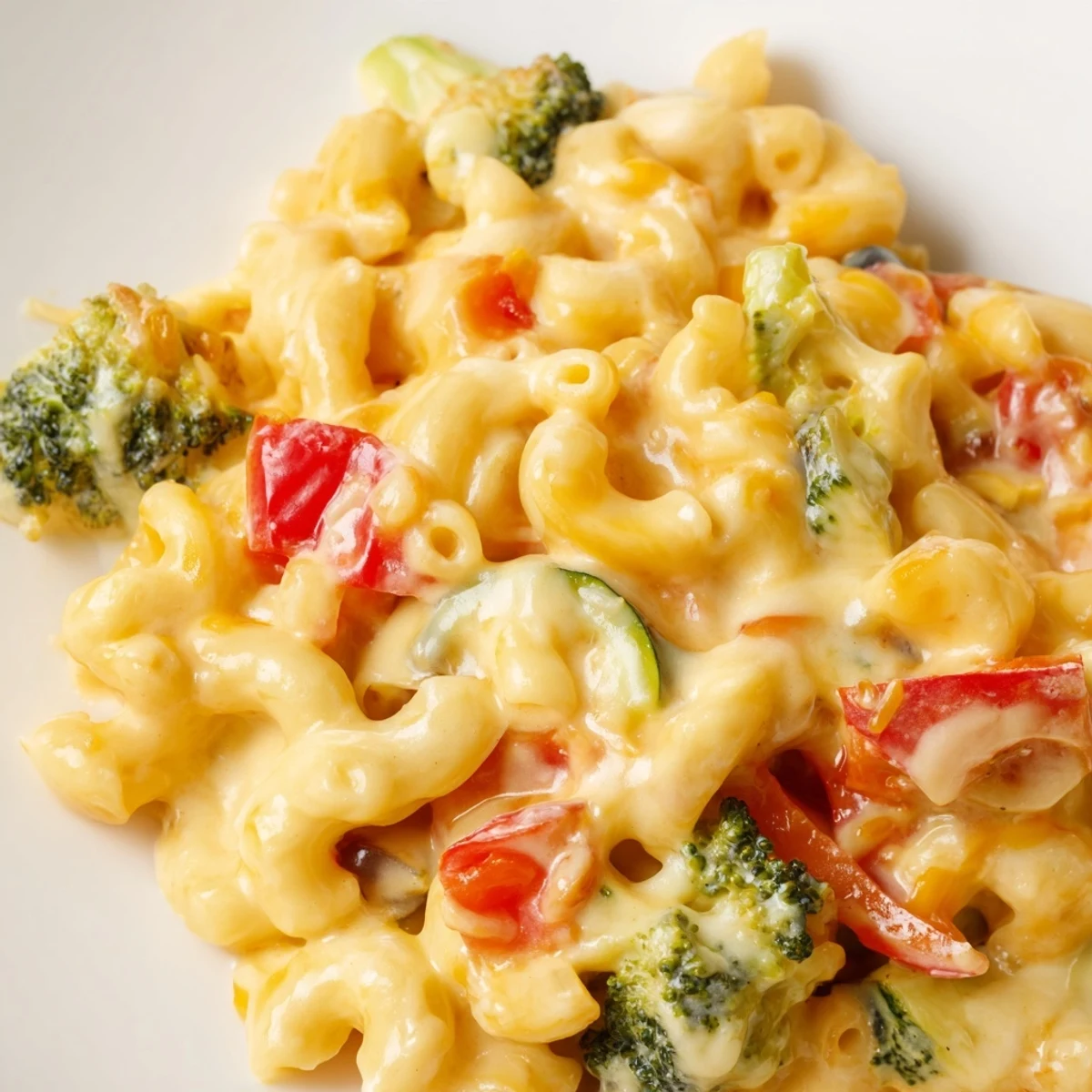 Homemade Roasted Veggie Mac & Cheese in a skillet, showcasing colorful roasted tomatoes and onions tossed in a velvety sauce.