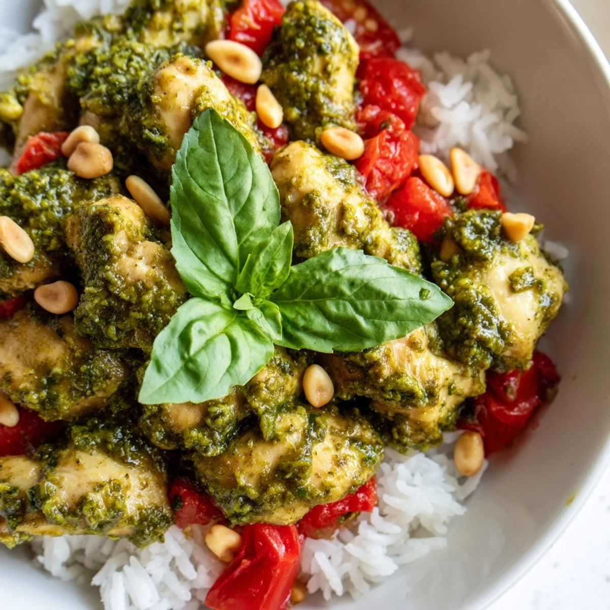 A vibrant bowl of Chicken Pesto Rice Bowl with juicy tomato chunks, fresh basil, and golden-brown pesto chicken.