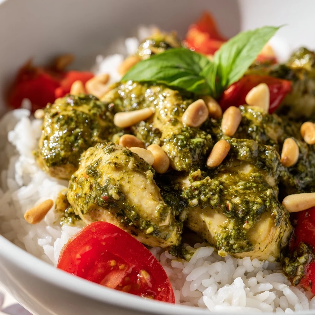 Hearty Chicken Pesto Rice Bowl garnished with fresh basil, ready to serve for an easy weeknight dinner.