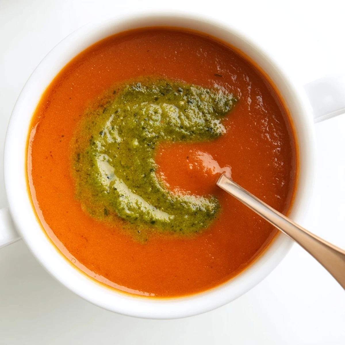 Steaming bowl of Tomato Soup with Basil Pesto Swirl, garnished with fresh basil and served beside crusty bread.