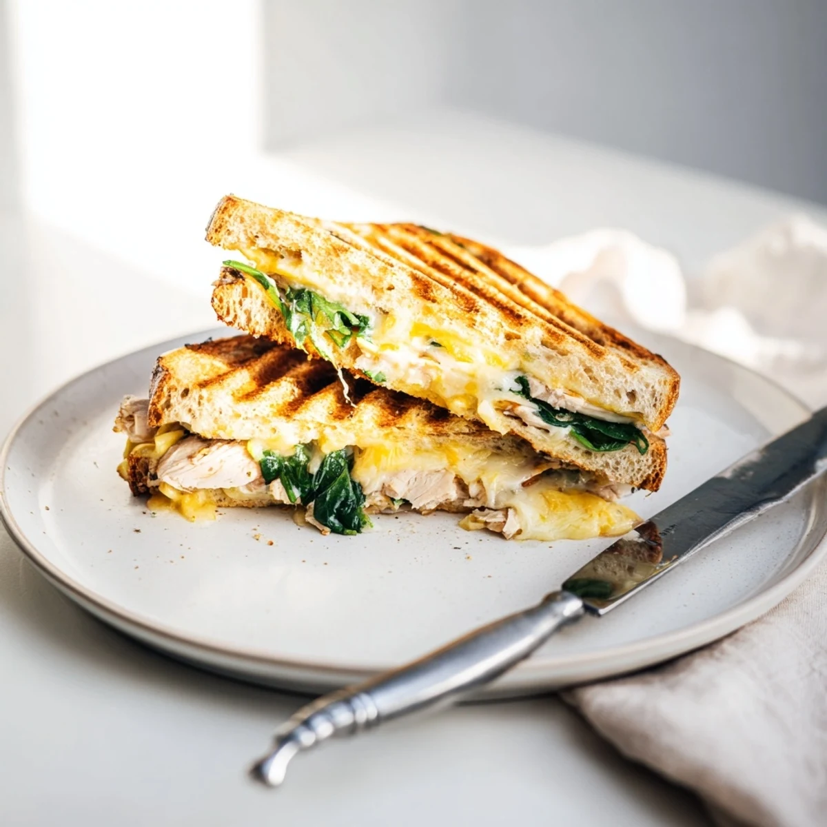 A close-up of a golden, crusty Grilled Chicken Spinach Panini, revealing layers of juicy grilled chicken and melted mozzarella.