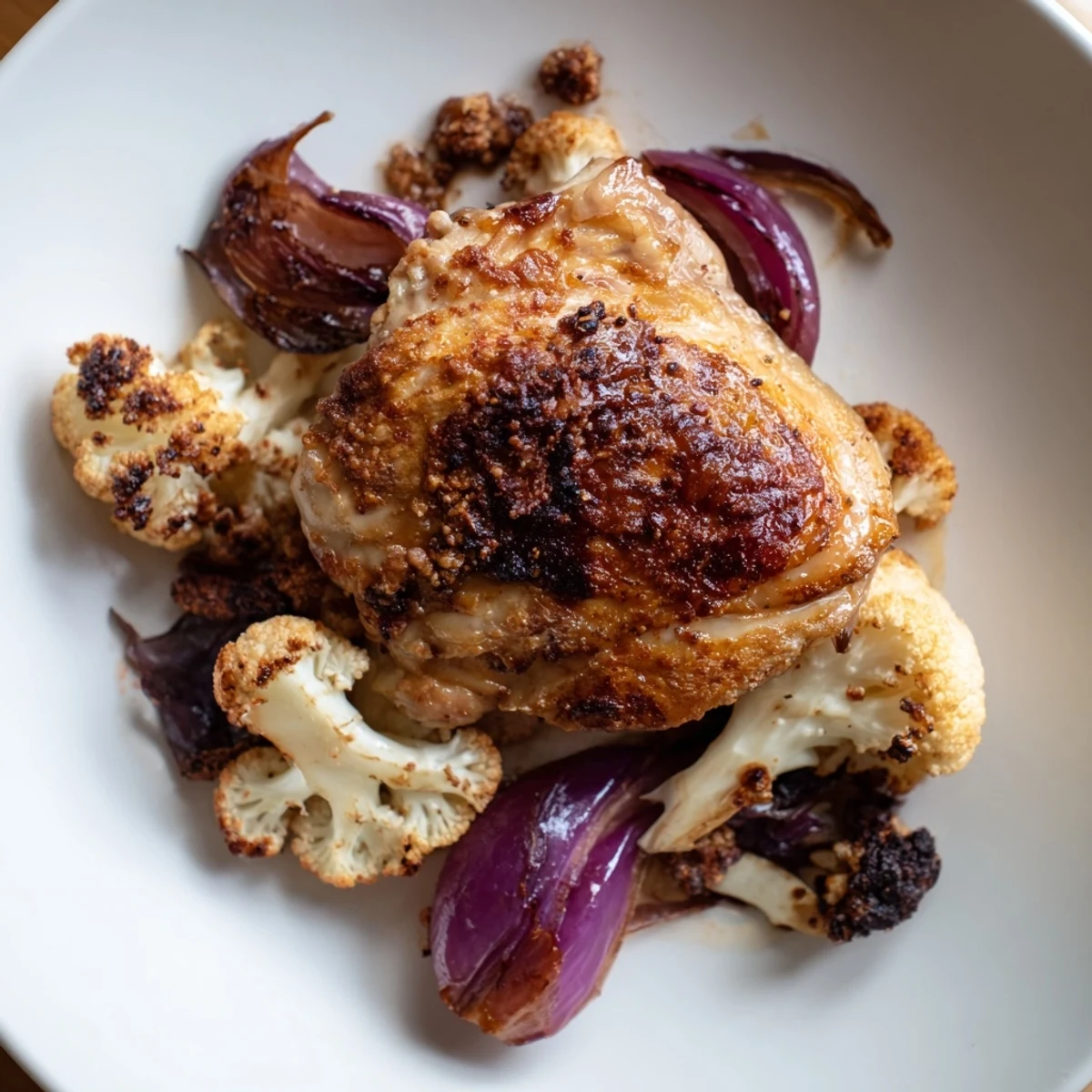 Succulent chicken and tender cauliflower roasted with smoked paprika and cumin, served over basmati rice with fresh herbs and lemon on a simple sheet pan.