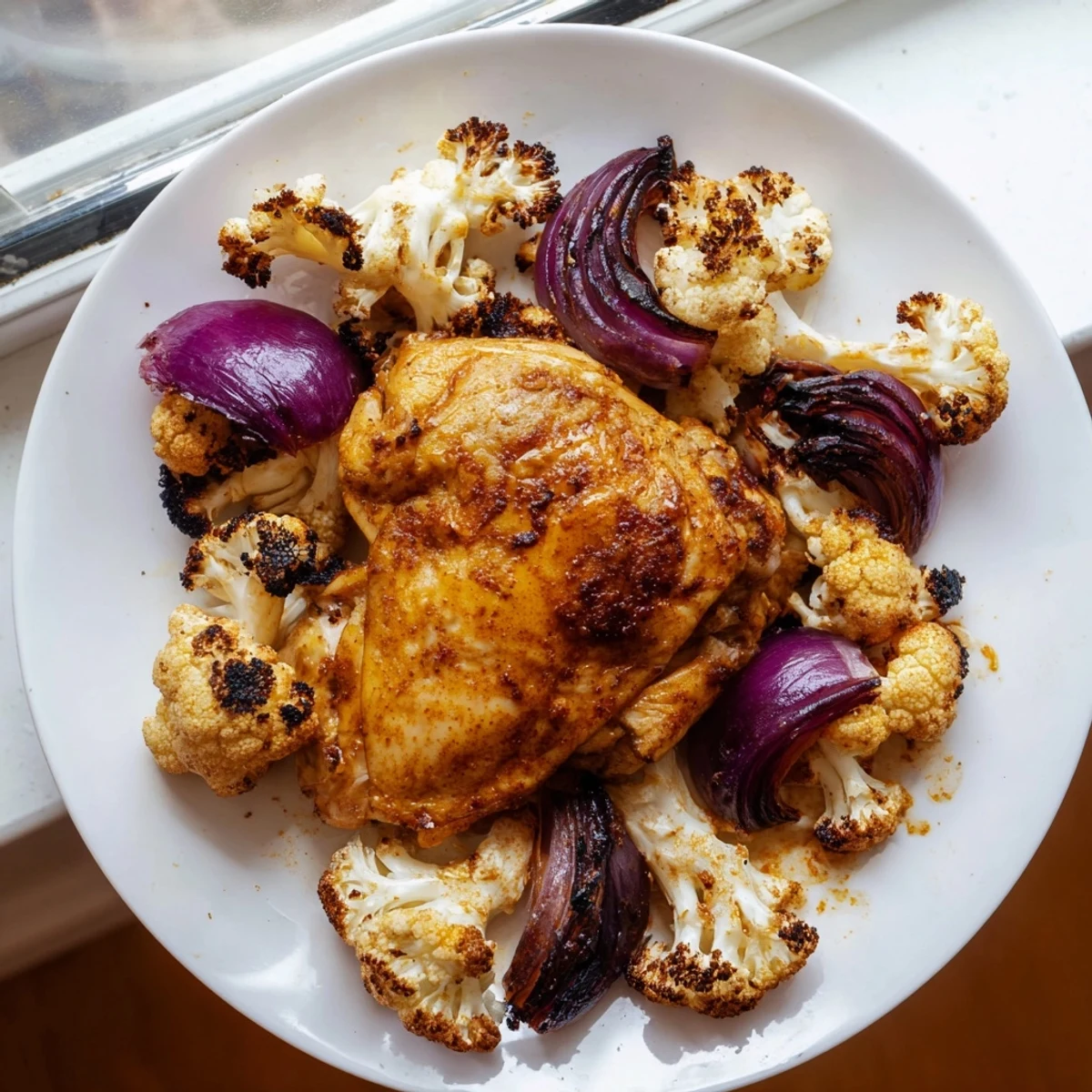 A close-up of golden roasted cauliflower and juicy chicken thighs from the oven, garnished with parsley and served with rice and lemon wedges.