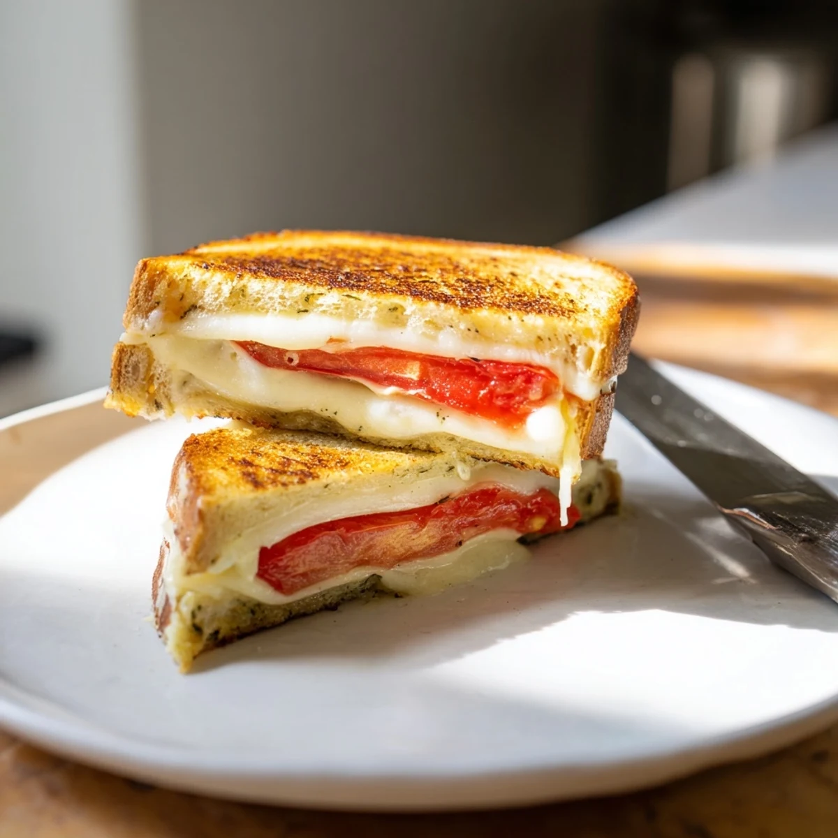 Grilled Pepper Jack & Tomato Grilled Cheese on jalapeño bread, oozing with melted cheese and fresh tomato slices.  