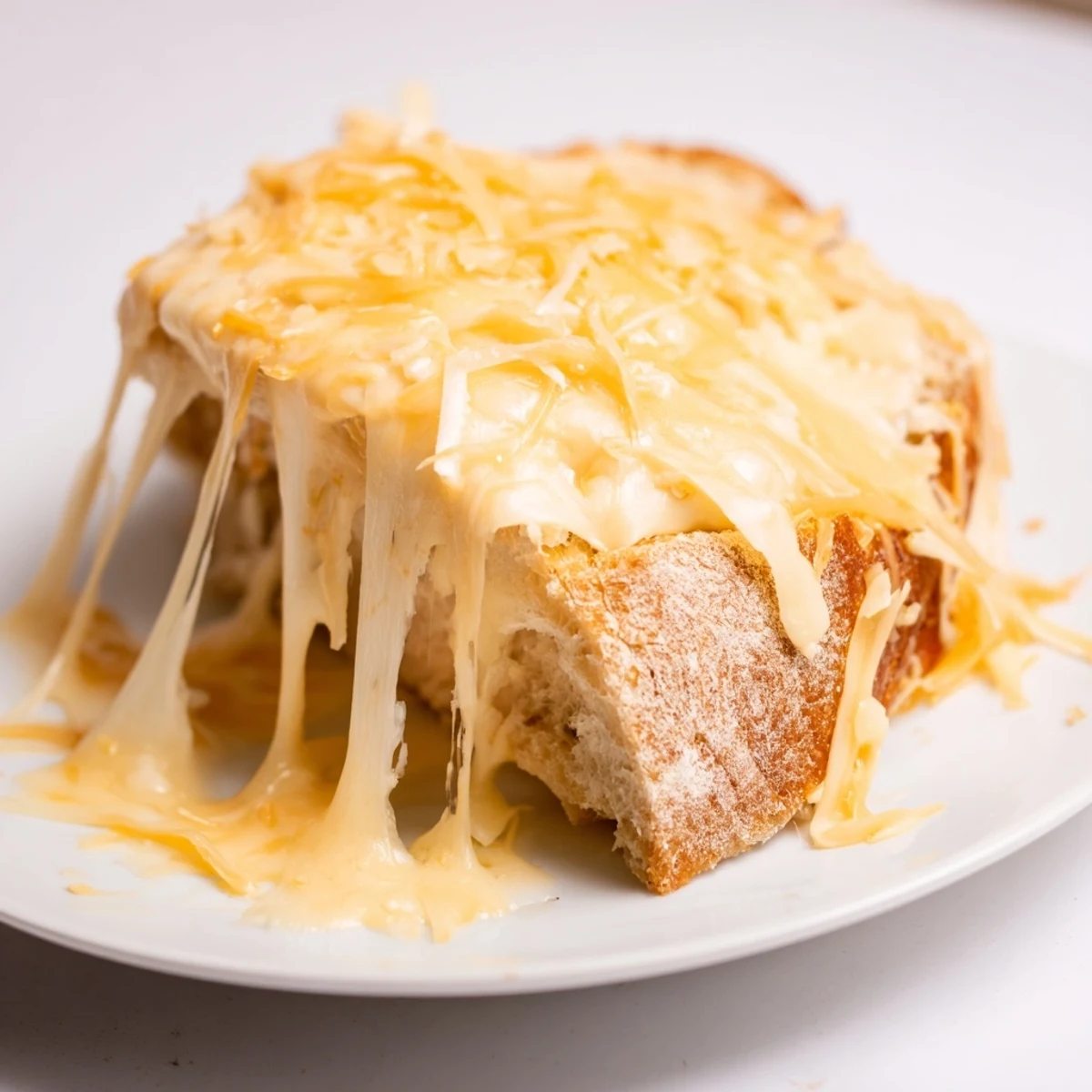 A close-up of a Triple Cheese Sourdough Grilled Cheese, showcasing melty cheese stretching between buttery, golden-brown sourdough slices.  