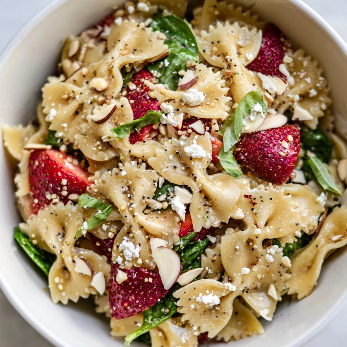 Colorful bowl of Spring Spinach Strawberry Pasta Salad featuring juicy strawberries, tender pasta, and a honey-apple cider poppy seed dressing.