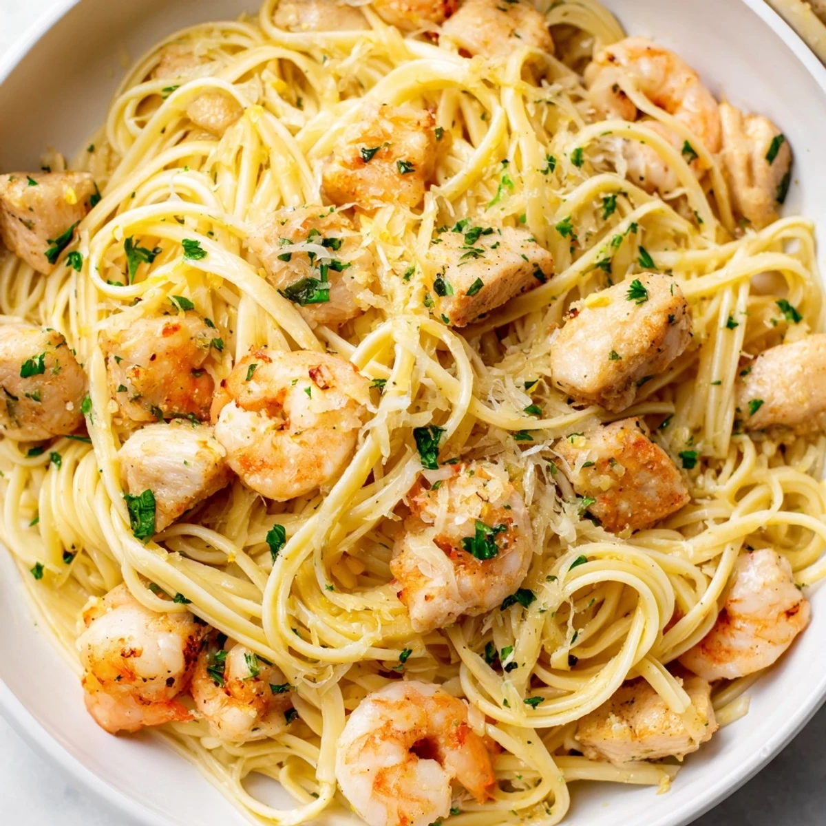 Steam rises from a serving of Lemon Garlic Shrimp & Chicken Pasta, highlighting the golden sear on the chicken and pink shrimp nestled in linguine.