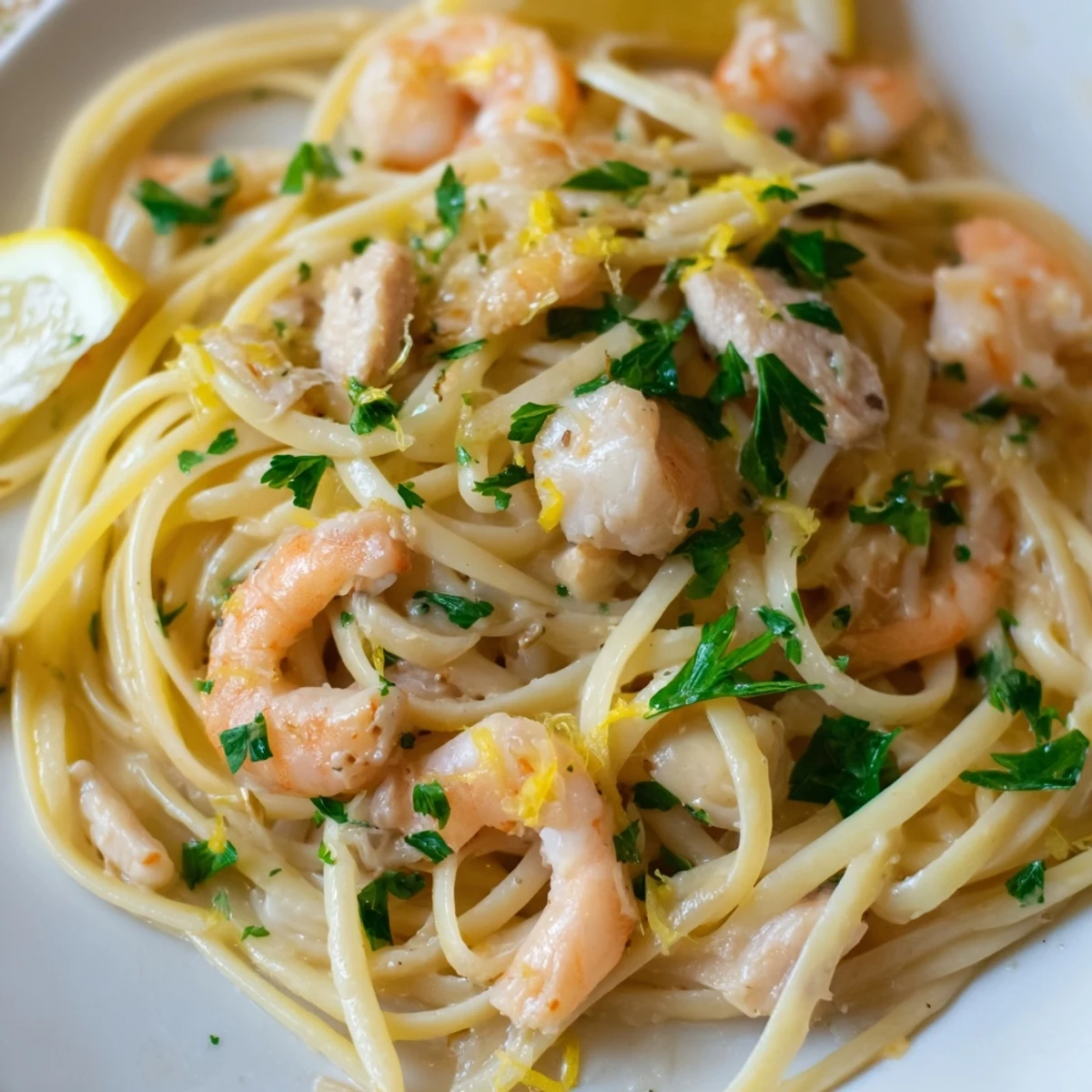 A close-up of Lemon Garlic Shrimp & Chicken Pasta showcases fresh parsley and lemon wedges beside a forkful of saucy, garlicky noodles.