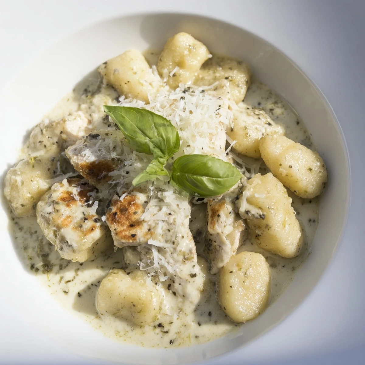 Close-up of juicy chicken bites and pan-seared gnocchi coated in velvety pesto cream sauce, ready to be enjoyed with Italian flavors.