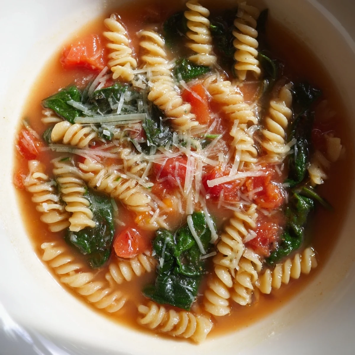 Comforting Tomato Spinach One-Pot Rotini served in a rustic bowl, ready for a busy weeknight dinner.
