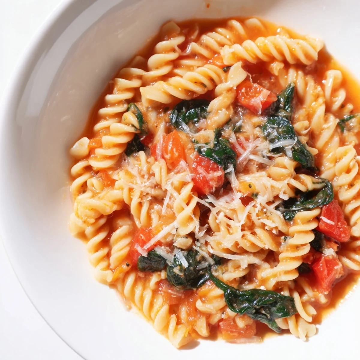 Fresh baby spinach and ripe tomatoes tossed with al dente rotini in this easy one-pot Italian-inspired pasta.  